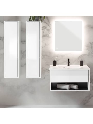 Badmöbel Set in weiß Hochglanz, grau 160 cm mit Waschbecken und LED Beleuchtung