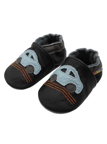 Baby-Lederlaufschuhe mit rutschfester Sohle – schwarz mit Auto-Motiv 