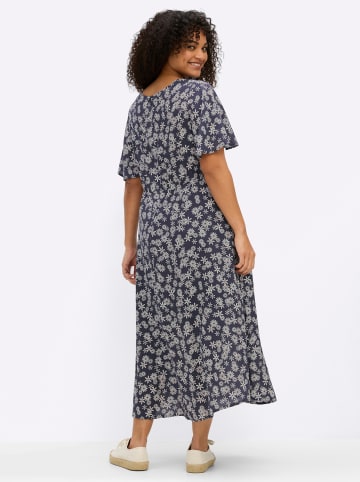 Webkleid in tiefblau-champagner-bedruckt