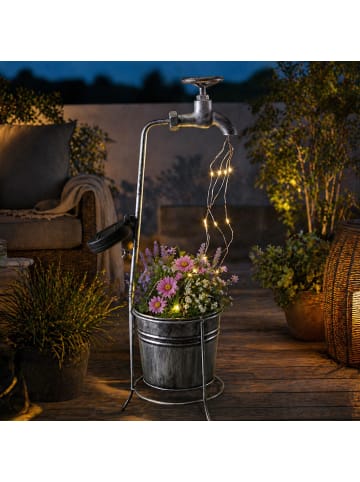 LED Solar Wasserhahn mit Blumentopf Gartendeko H: 60cm silber
