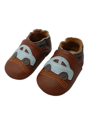 Babyschuhe aus Leder mit rutschfester Sohle – Braun mit Auto-Muster