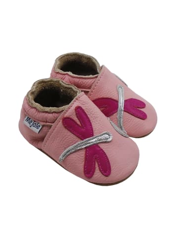 Rosa Baby-Laufanfänger aus echtem Leder, rutschfeste Sohlen – Libellen-Design