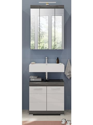 Badmöbel-Set weiß Hochglanz, grau 2-teilig 60 cm, Badkombination viel Stauraum