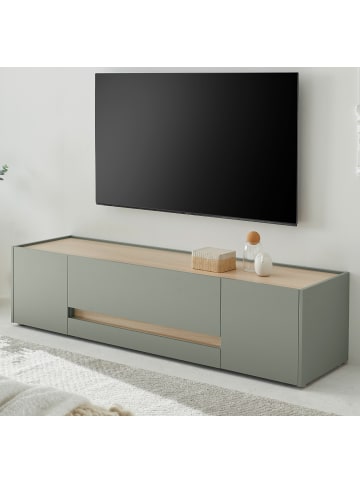 TV-Lowboard in Salbei grün, Eiche 170 cm, TV Unterteil mit Doppel-Schubkasten