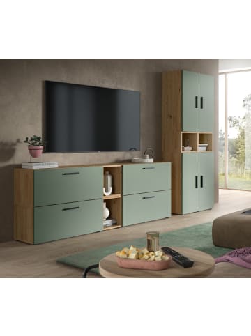Wohnwand in grün und Artisan Eiche 256 cm, Wohnkombination mit Soft-Close