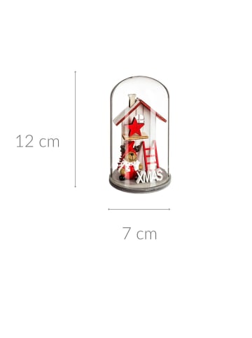 Glaskuppel mit Weihnachtshaus aus Holz in Rot, 12 cm