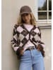 SASSYCLASSY Strickjacke mit Rautenmuster und Spitzenborte in Braun