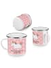 Mr. & Mrs. Panda Camping Emaille Tasse Einhorn Happy mit Spruch in Rot Pastell