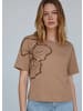 More & More edles Kurzarmshirt, Pailletten-Blume in brown