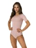 Alkato Damen Kurzarm Body mit Rundhalsausschnitt blickdicht Rippstoff in rosa