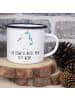 Mr. & Mrs. Panda XL Emaille Tasse Einhorn Fitness mit Spruch in Weiß