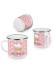 Mr. & Mrs. Panda Camping Emaille Tasse Einhorn Regenbogen mit Sp... in Rot Pastell