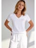 More & More stretchiges V-Neck- Shirt, Schriftstickerei in white