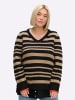 sheego V-Ausschnitt-Pullover in schwarz-beige-gestreift