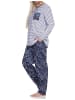NORMANN Schlafanzug Pyjama lang Oberteil gestreift Hose Blümchenmuster - 72504 in weiss
