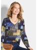GOLDNER Langarm Viskose-Shirt mit V-Ausschnitt in marine / gemustert