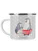 Mr. & Mrs. Panda Camping Emaille Tasse Pinguin mit Kind ohne Spruch in Grau Pastell
