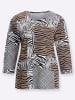 Sieh an! Rundhalsshirt in schwarz-cognac-bedruckt