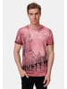 Rusty Neal Vintage Biker T-Shirt mit Skull All Over Print, Oil Wash & Raw Edge in Weinrot
