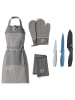 MasterChef 6 tlg. Set Küchentextilien-Set 3-tlg+ 3-tlg Küchenmesser-Set in Blau, Grau