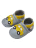 Yalion Hellgraue Babyschuhe aus echtem Leder mit rutschfester Sohle– gelbem Auto-Muster