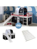 Homestyle4u Hochbett 90x200 mit Vorhang, Lattenrost, Rutsche, Tunnel in Weiß Pirat