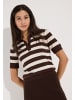 More & More schmaler, gestreifter Kurzarm-Polo-Pullover in brown/cream