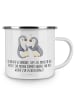 Mr. & Mrs. Panda Camping Emaille Tasse Pinguine trösten mit Spruch in Weiß