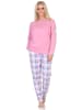 NORMANN Schlafanzug langarm Pyjama karierter Hose Jersey - 84745 in rosa