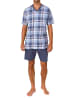NORMANN Kurzarm Schlafanzug Shorty Jersey und karierten Pyjama Oberteil in blau