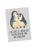 Mr. & Mrs. Panda Postkarte Pinguine Einschlafen mit Spruch in Grau Pastell