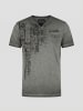 KOROSHI Henley cotton print-emb washed t-shirt in grau