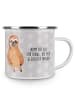 Mr. & Mrs. Panda Emaille Tasse Faultier Zufrieden mit Spruch in Grau Pastell