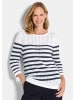 GOLDNER Kurzgröße:  Ajourpullover mit Streifenmuster in weiß / marine / geringelt