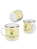 Mr. & Mrs. Panda Camping Emaille Tasse Avocado Feier mit Spruch in Gelb Pastell
