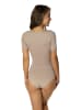 Alkato Damen Kurzarm Body mit Rundhalsausschnitt blickdicht Rippstoff in beige Modell 1