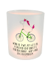 Mr. & Mrs. Panda Windlicht Glas Einhorn Radfahrer mit Spruch in Transparent