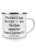Mr. & Mrs. Panda Emaille Tasse Spruch Freiwilliger Held mit Spruch in Weiß