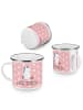 Mr. & Mrs. Panda Camping Emaille Tasse Einhorn Teddy mit Spruch in Rot Pastell