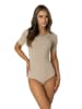 Alkato Damen Kurzarm Body mit Rundhalsausschnitt blickdicht Rippstoff in beige