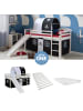 Homestyle4u Hochbett 90x200 mit Vorhang, Lattenrost, Matratze, Rutsche, Tunnel Weiß Pirat