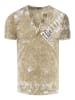 Rusty Neal V-Neck T-Shirt Verwaschen mit Seitlichem Logo Print in Camel