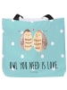 Mr. & Mrs. Panda Strandtasche Eulen Liebe mit Spruch in Türkis Pastell