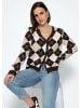 SASSYCLASSY Strickjacke mit Rautenmuster und Spitzenborte in Braun