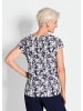GOLDNER Kurzgröße:  Plissee-Shirt Blaues Shirt ohne Arm aus Slinky in marine / weiß / geblümt