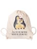 Mr. & Mrs. Panda Sportbeutel Pinguin umarmen mit Spruch in Creme