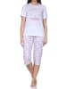 NORMANN Kurzarm Capri Schlafanzug Pyjama Herz Katzenmotiv in flieder