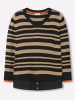 sheego V-Ausschnitt-Pullover in schwarz-beige-gestreift