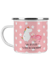 Mr. & Mrs. Panda Emaille Tasse Einhorn Schwein mit Spruch in Rot Pastell