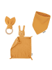 Räuberella Baby Geschenkset Schmusetuch Hase, Holz-Beißring & Halstuch in Ocker - 10x10 cm
